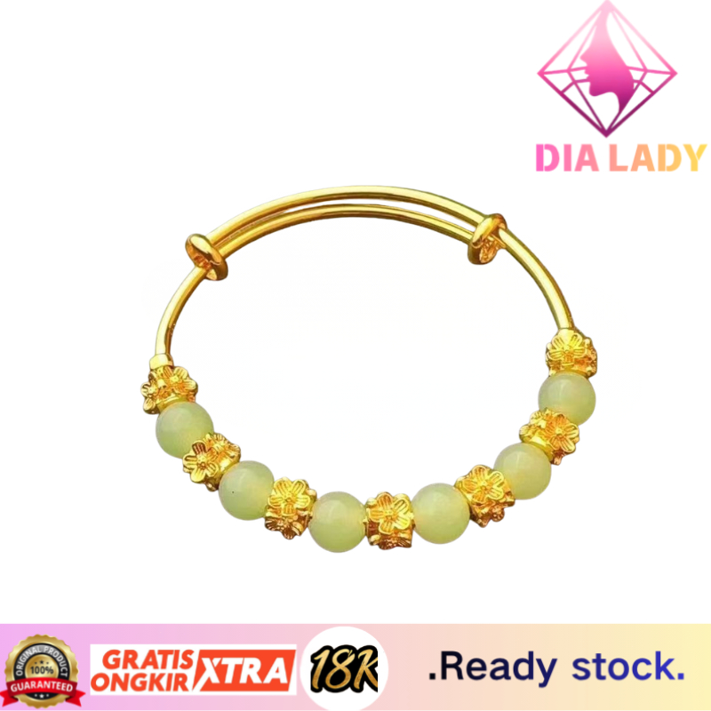 Gelang emas wanita Gelang Emas Wanita Batu Giok Hijau Motif Bunga, Gelang Adjustable Elegan Berkuali