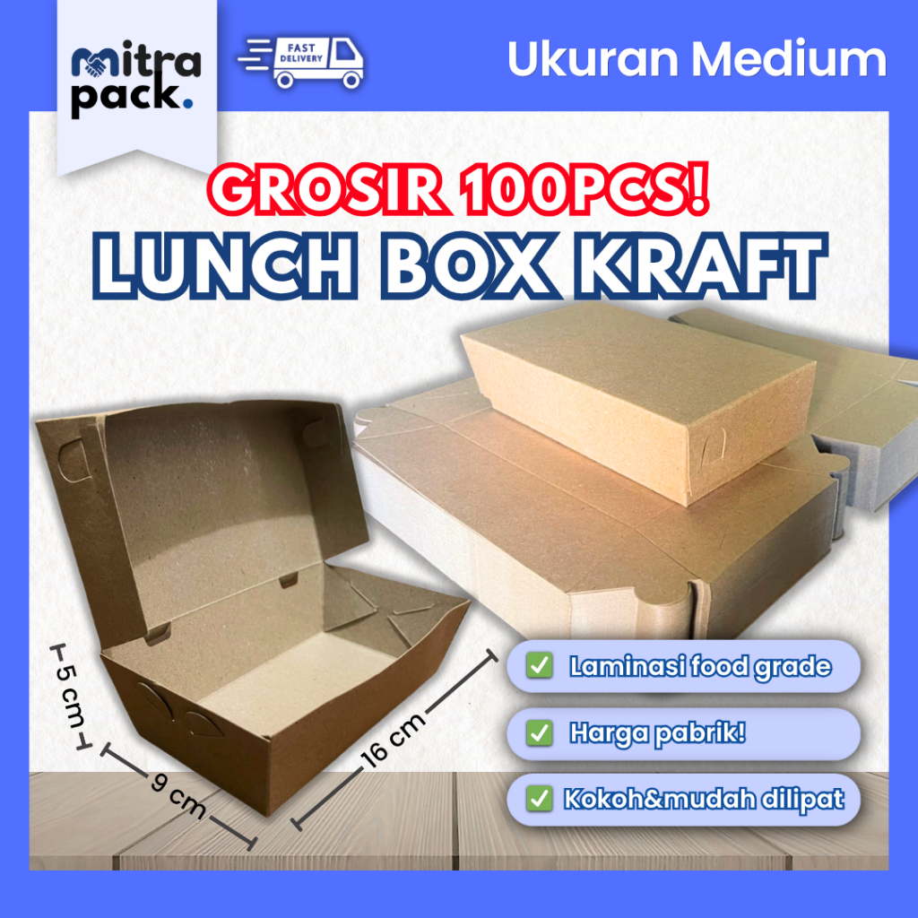 [GROSIR - 100pcs] Lunch Box Kotak Makan Kraft Coklat 100pcs 16x9 / 18x11cm Full Laminasi Anti Minyak