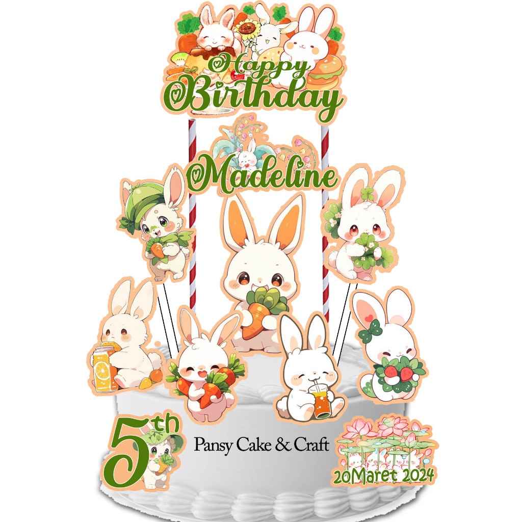 Cake topper / Cupcake topper Bunny / Rabbit / kelinci + Banner Birthday EKONOMIS