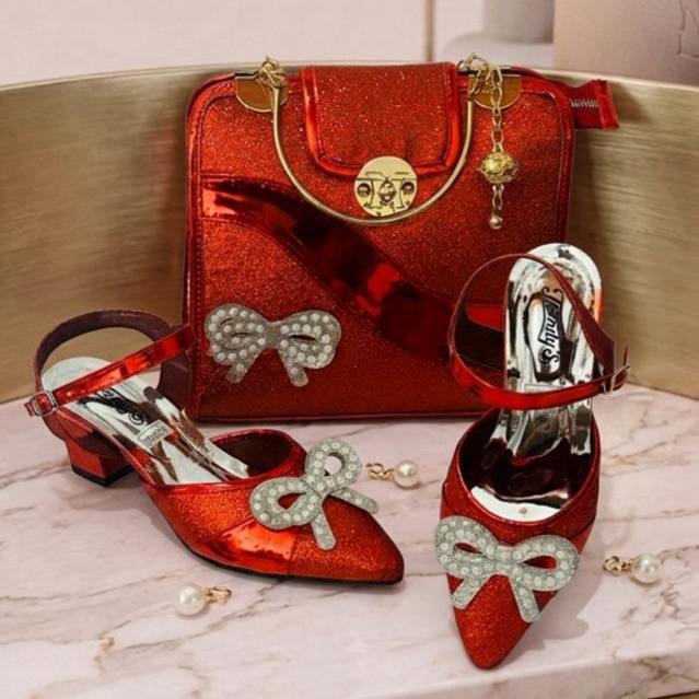 satu set sandal heels dan tas pesta wanita mewah size 36-42 Desain Elegan dan Tali Panjang
