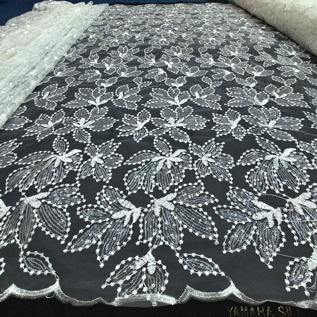 Kain Tile 3D Bordir Payet Spenggel Jepang Premium / Bahan Kain Tile Payet Motif Mewah Dan Glamor