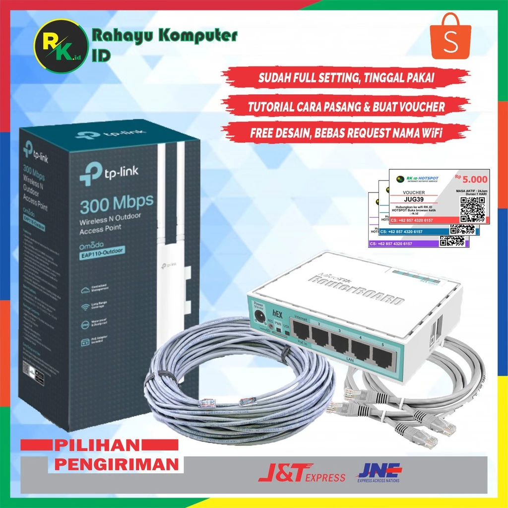 Paket Alat Usaha Wifi Sistem Voucher RT RW NET Siap Pakai - Mikrotik RB750Gr3 + 5 EAP 110 Omni Outdo