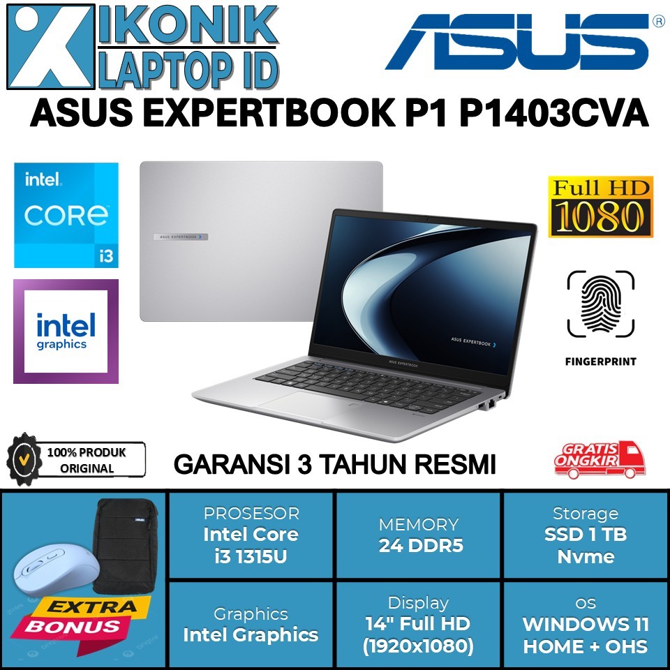Laptop Kerja Asus EXPERTBOOK P1 Intel Core i3 Ram 24 GB Ssd 512 GB Garansi Resmi 3 Tahun Original