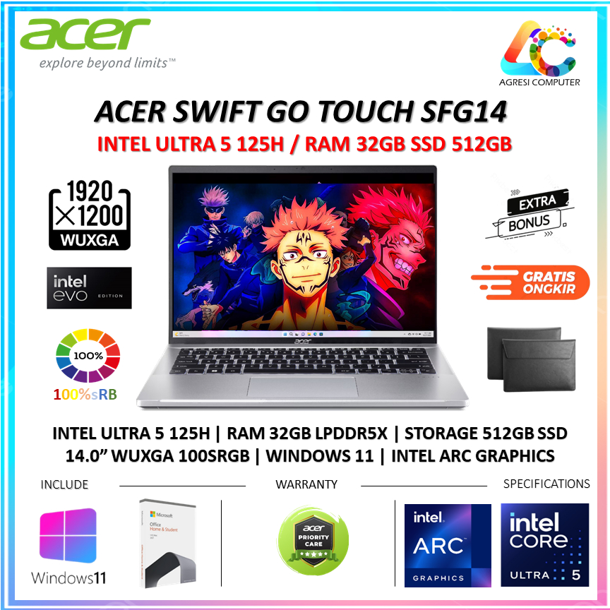 Laptop Acer Swift Go Touch SFG14 Intel ULTRA 5 125H 32GB 512GB W11+OHS 14.0" WUXGA 100SRGB EVO