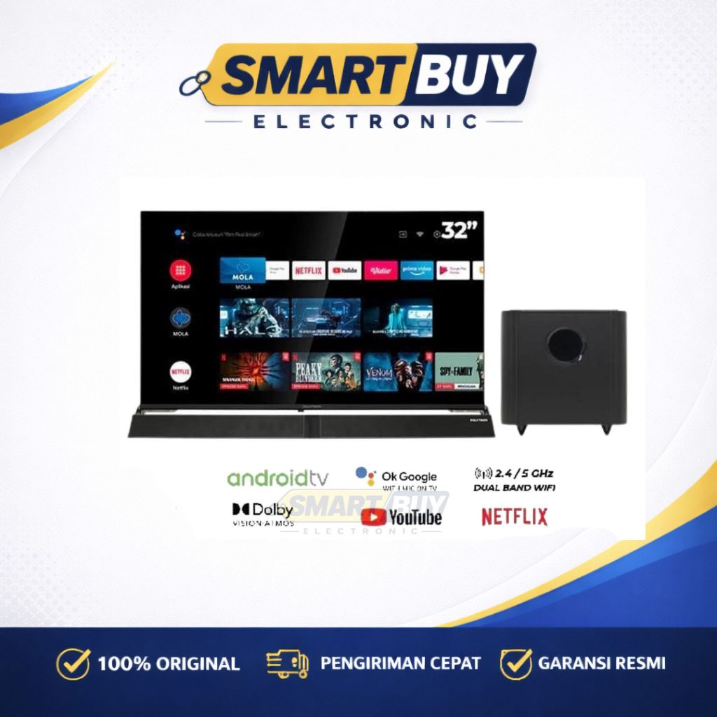 Polytron LED Smart Android TV 32"+ Sound Bar Digital PLD 32BAG9858