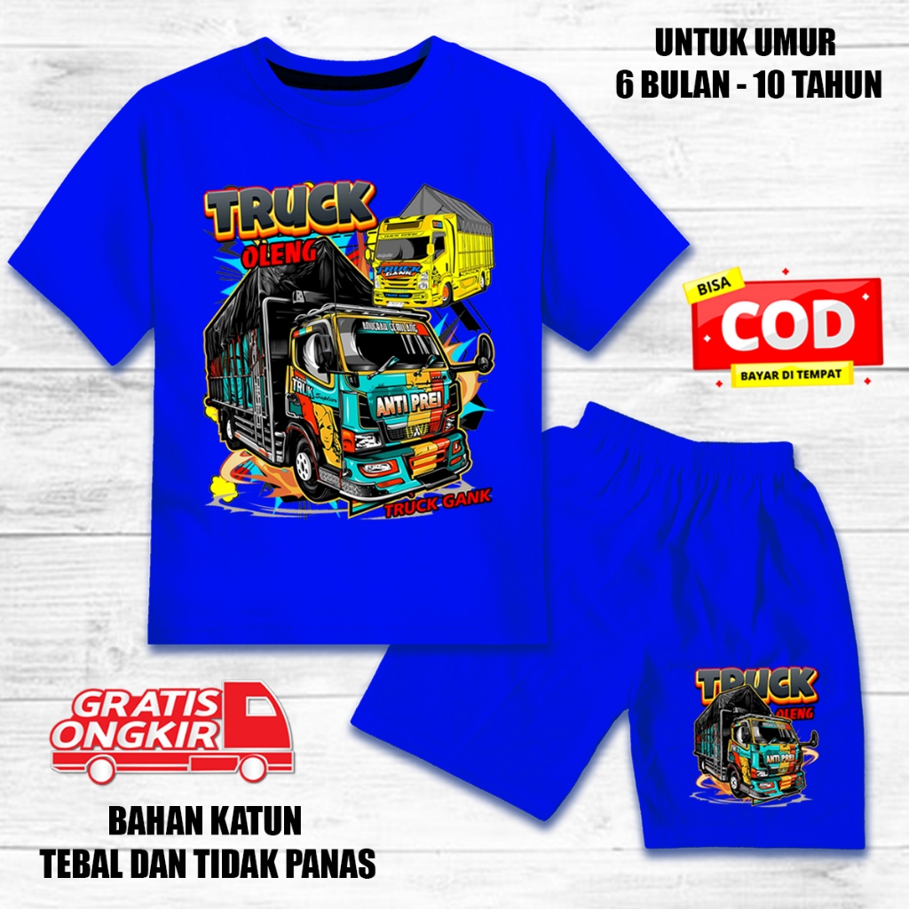 Setelan anak laki laki perempuan lengan pendek set baju kaos pendek anak mobil truck oleng 3