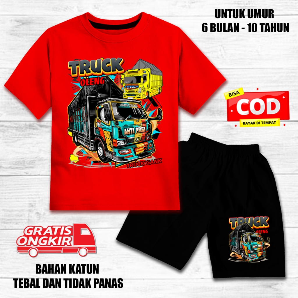 Setelan anak laki laki perempuan lengan pendek set baju kaos pendek anak truck oleng 3 mobil