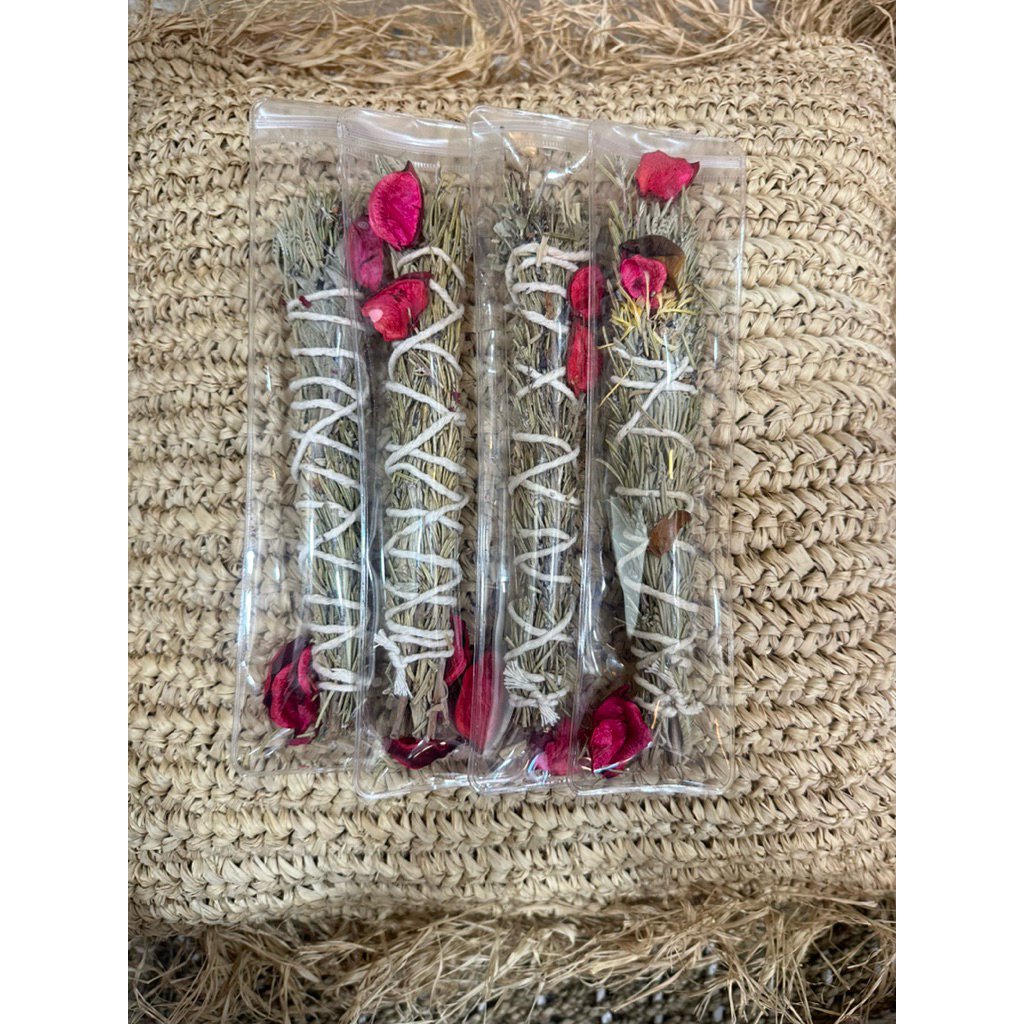 Natural Sage Smudge Stick With Dried Rose Petal