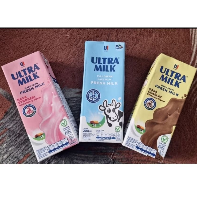 Susu Ultra milk 200ml Fullcream Strawberry coklat harga untuk per pcs grosir ecer