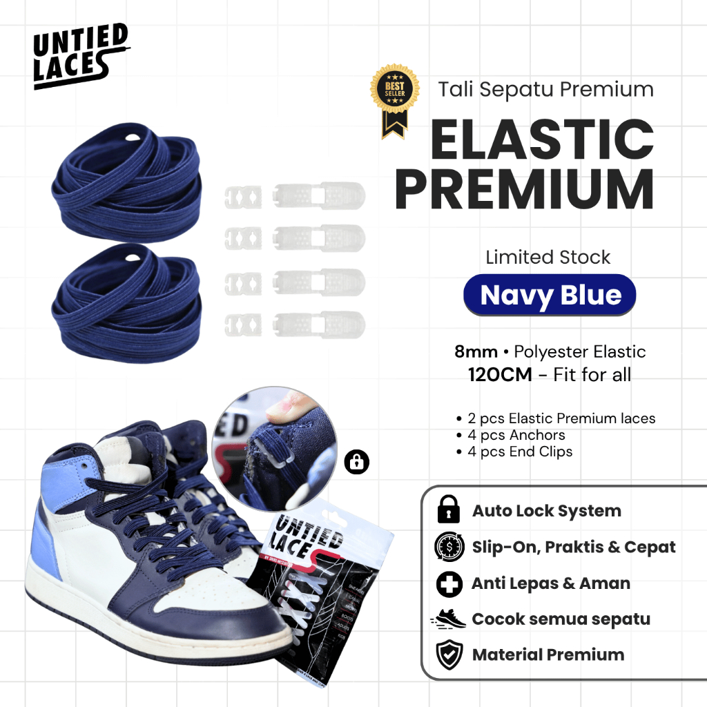 UNTIED LACES (Navy Blue) – Tali Sepatu Elastis Premium Tanpa Ikat | Slip-On, Anti Ribet, Stylish