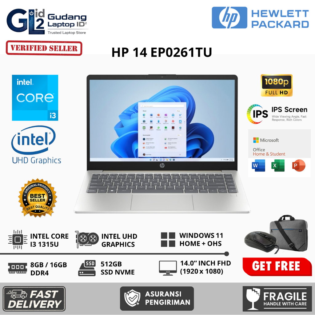 Laptop Resmi HP 14 EP0321TU | HP EP0261TU INTEL CORE i3 1315U 16GB 512GB COPILOT AI TERBARU ORIGINAL