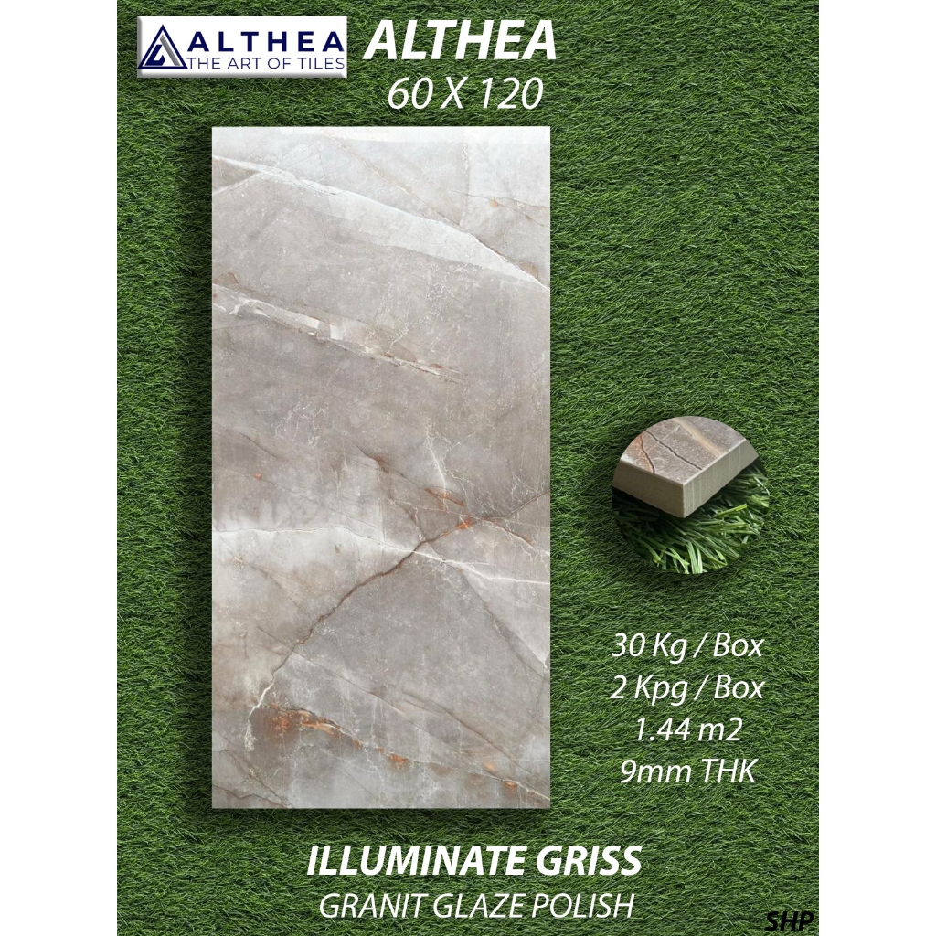 [RIAU ONLY, CHAT SEBELUM CO] Granit Lantai 60X120 Althea Illuminate Griss Pekanbaru Riau, Motif Abu 