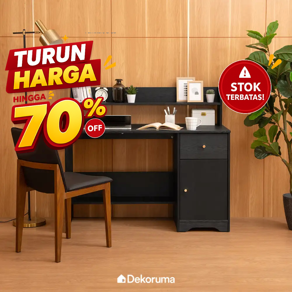 Dekoruma ZURI Meja Belajar Minimalis dengan Rak Atas / Meja Komputer Particle Board / Meja Kerja dan