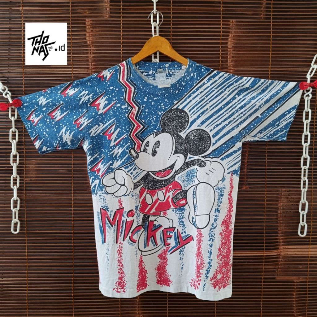 Kaos Rare Vintage 90s Mickey AOP Red White and Blue Disney L