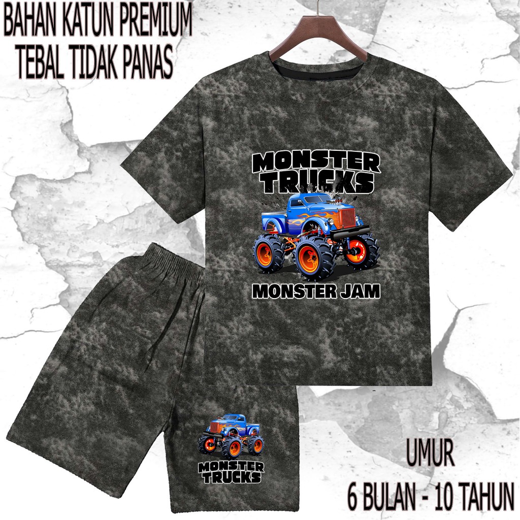 setelan baju anak - anak mobil monster truck umur/tahun 6 bulan - 10 tahun bahan katun premium sablo