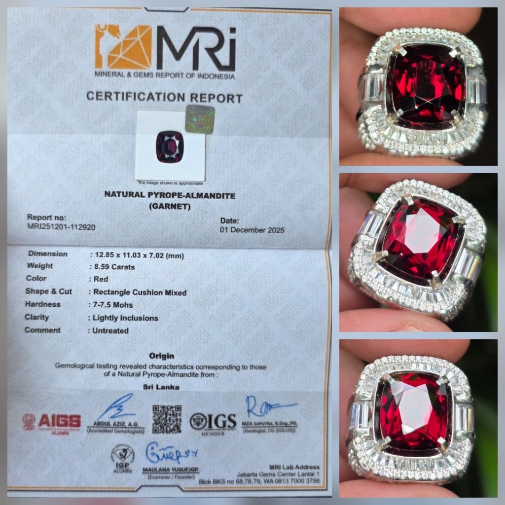 Batu Natural HQ Red Garnet Ceylon Sri Lanka Sertifikat 8.59 crt