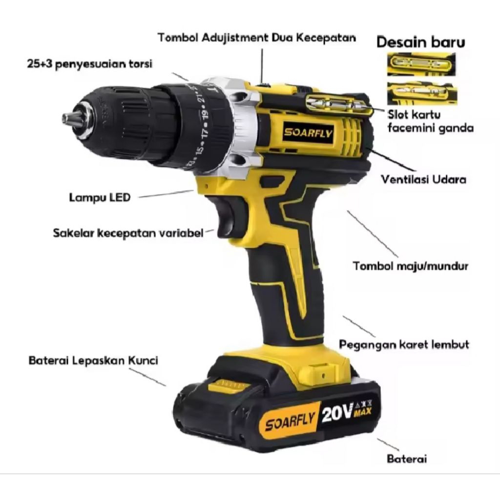 Soarfly 20V Bor Listrik Tanpa Kabel dengan Motor Tanpa Sikat