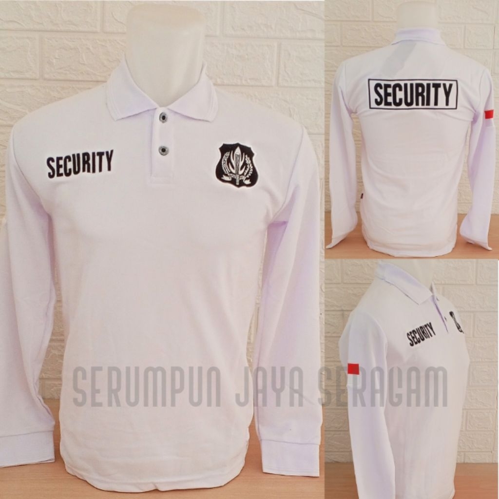 KAOS SECURITY PUTIH LOGO PUTIH LENGAN PANJANG FULL BORDIR - KAOS KERAH SECURITY PUTIH LOGO PUTIH PAN