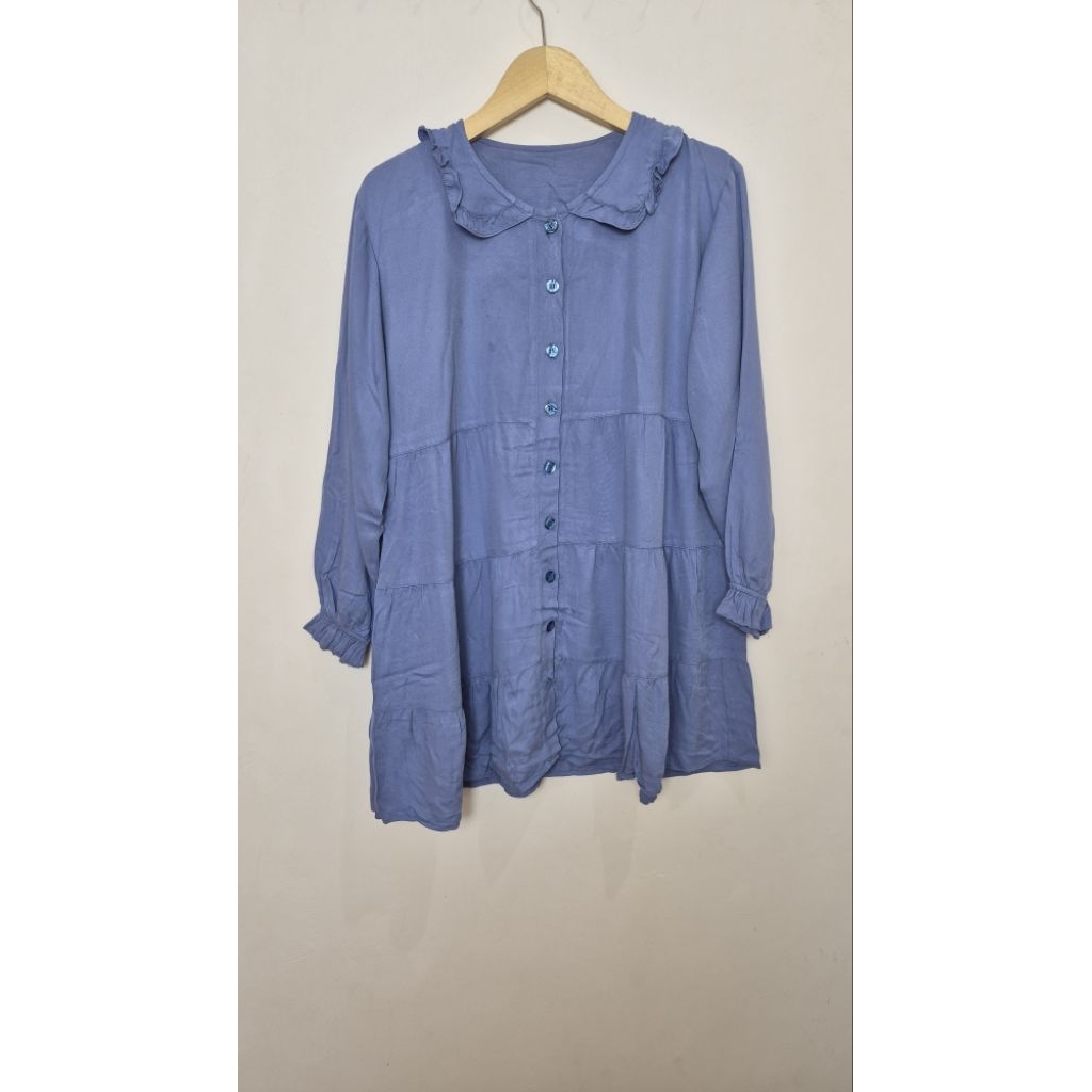 Preloved Tunik Susun Rempel Rufle Rayon Kerah Warna Biru