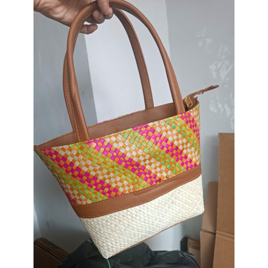 Tas bakul Lurik S List coklat ( lurik pink - hijau)