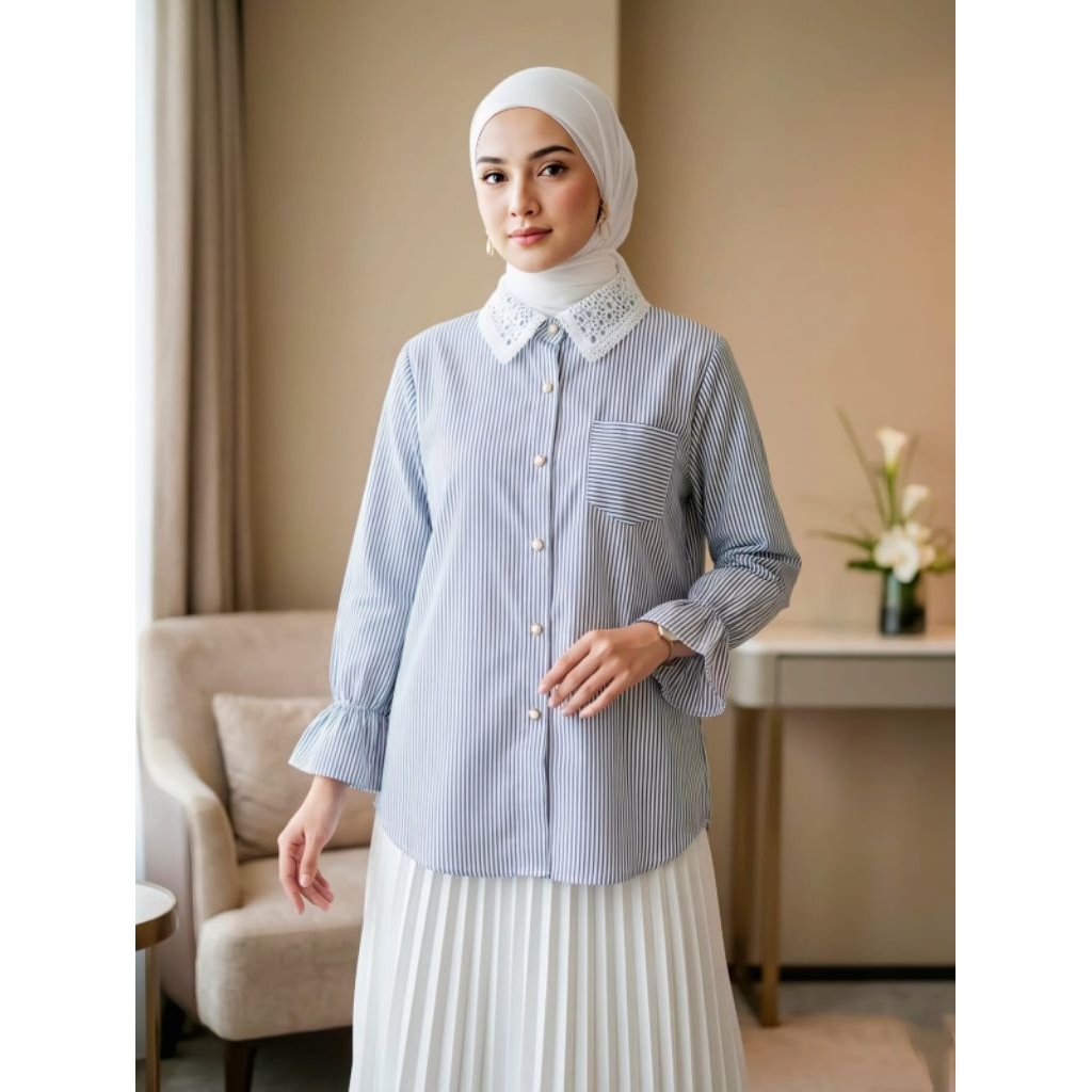 Rahima Top Wanita Busui Friendly | Blouse Stripe Korea Kerah Renda Premium | Kemeja Muslimah Casual 