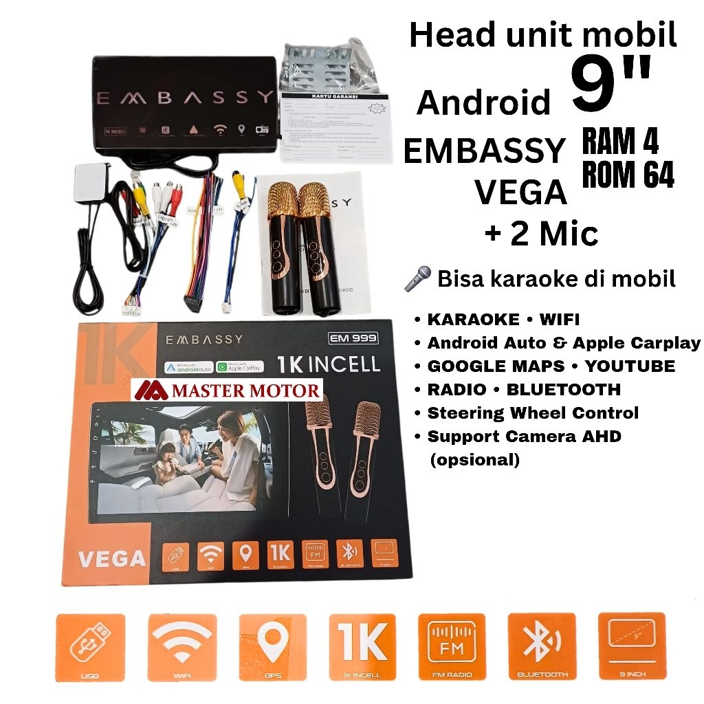 Head unit Android Embassy Vega Karaoke Mic RAM 4/64 9 inch Apple Carplay Android Auto EM 999 univers