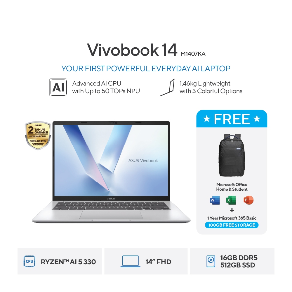 ASUS Laptop  VIVOBOOK M1407KA-VIPS5153M RYZEN AI 5 340 16GB -SSD 512GB -WIN11+OHS+M365 -SILVER