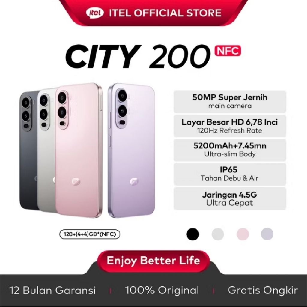 Hp Itel City 200 NFC ram 4+4GB Internal 128GB Batery 5200mAh layar 6.78" 120Hz