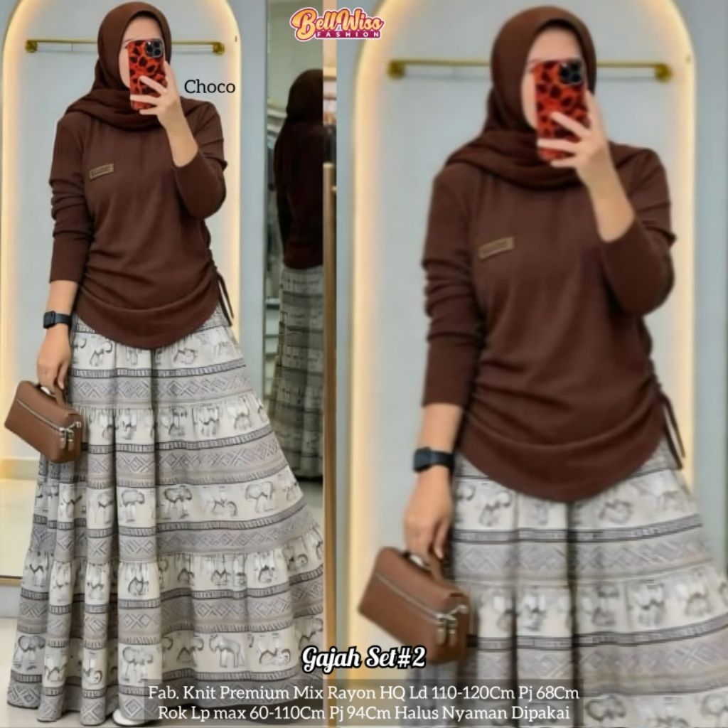 gajah #2 motif etnik setrok kekinian/one set blus rajut import dan rok rayon premium hq/Ld 120 cm fi