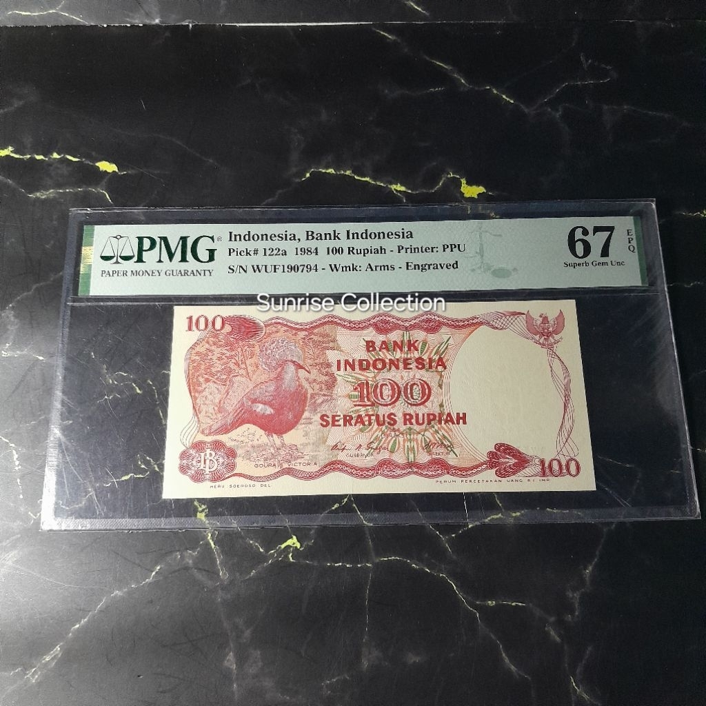 Uang Kuno Indonesia PMG 67 EPQ 100 Rupiah Goura Tahun 1985