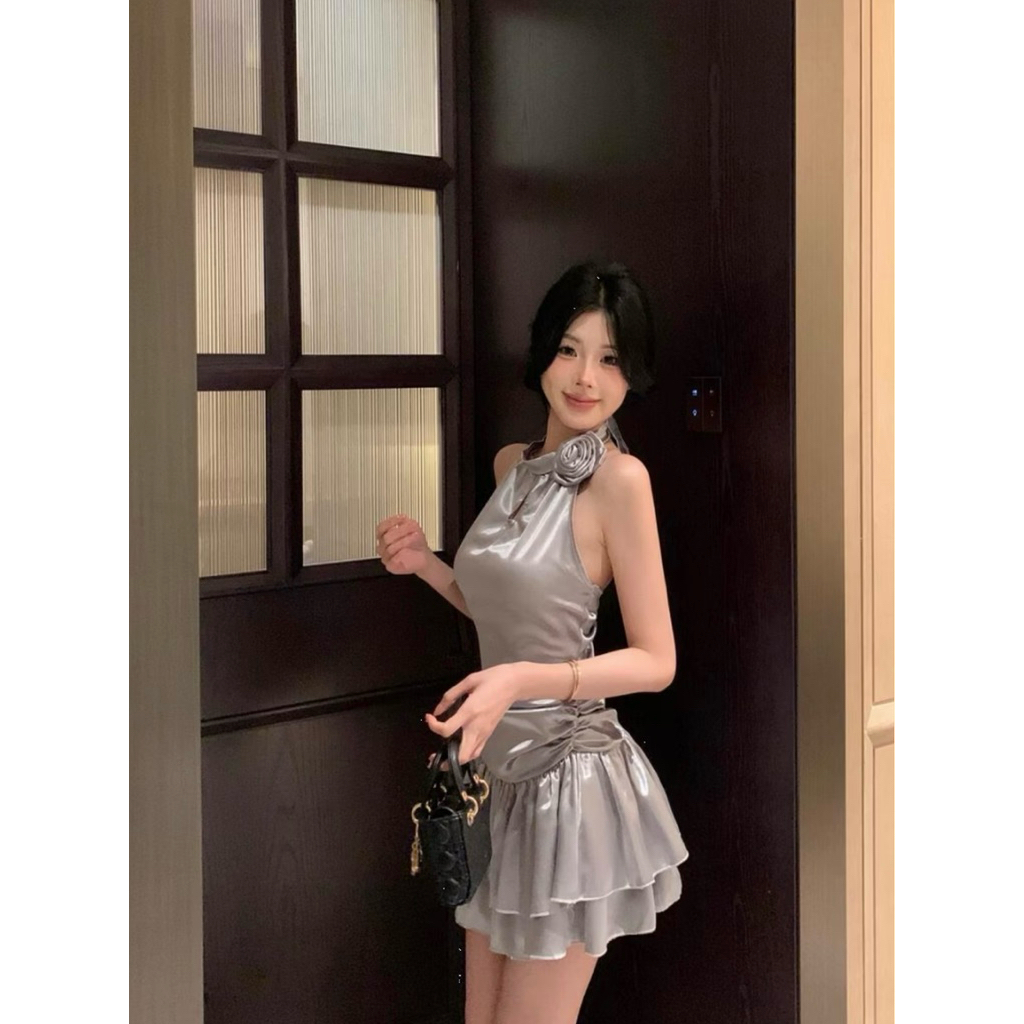 [PREMIUM] Mini Dress Satin Silver Korean Style Slim Fit Elegan Premium PD82
