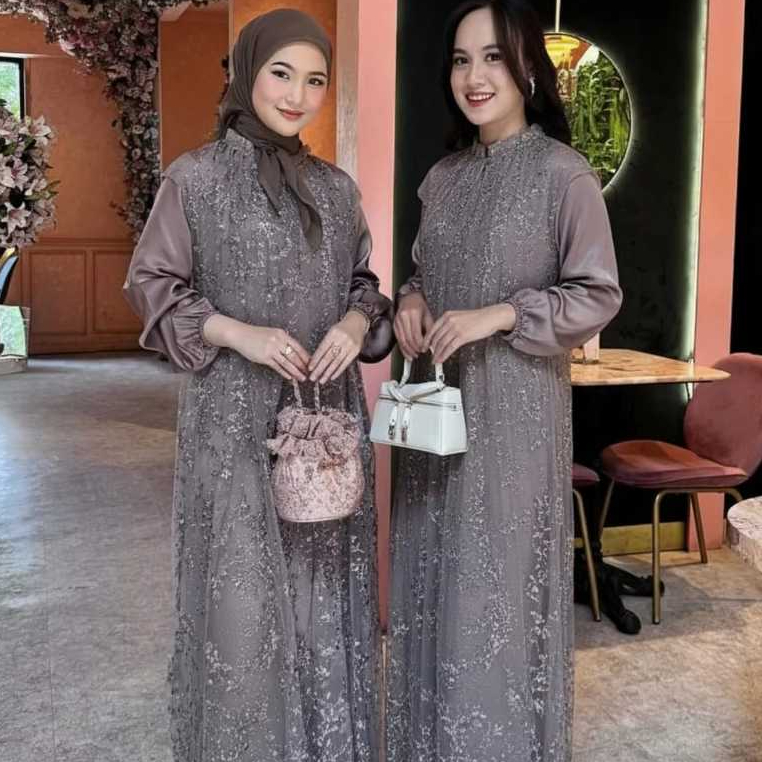 Renata Dress Set Outher Gamis Brukat Wanita Mewah Elegand Bahan Velvet Mix Brukat Plus Tile Raindrop