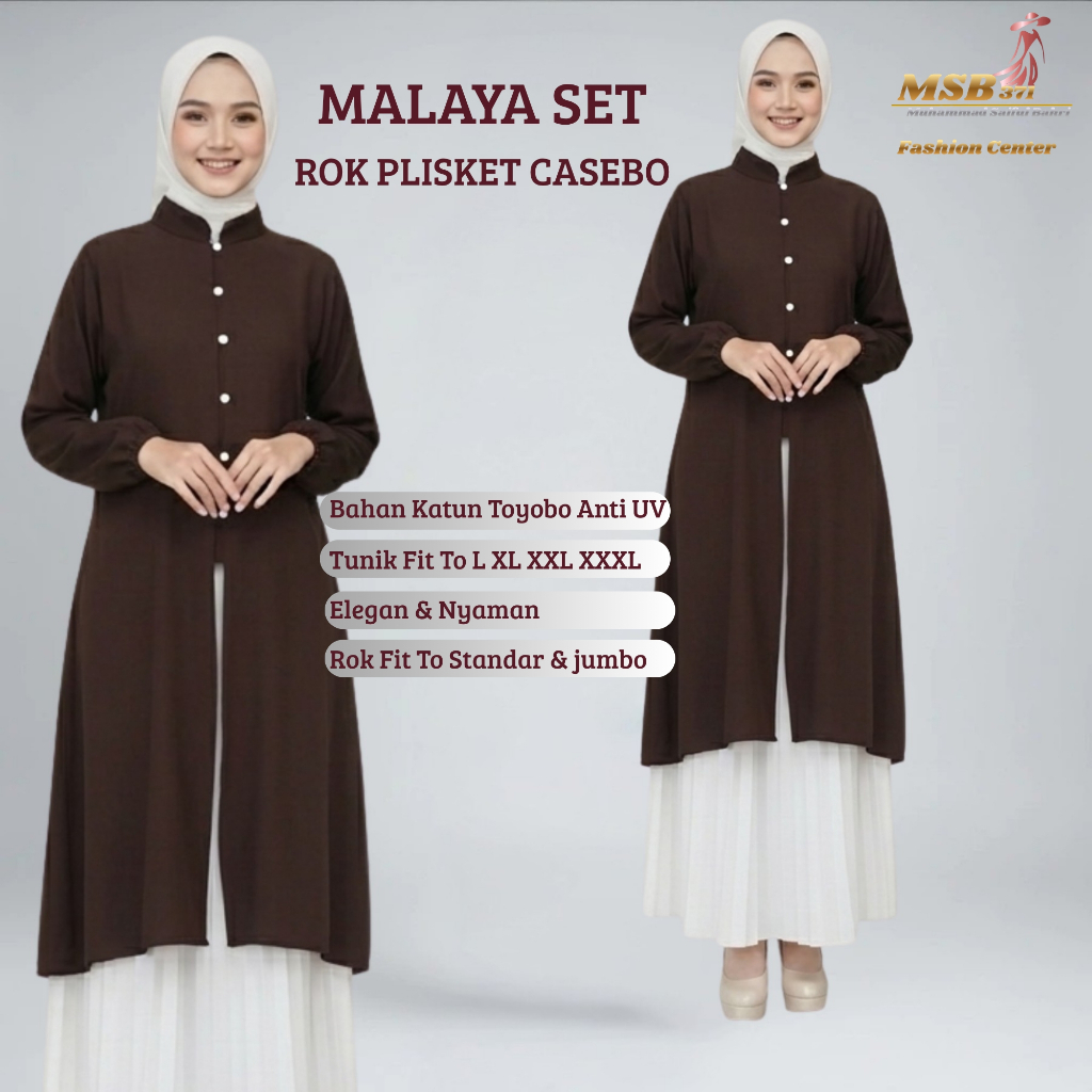 Elvara Malaya Long Tunik Atasan Wanita Set Rok Plisket Premium Kekinian Terbaru