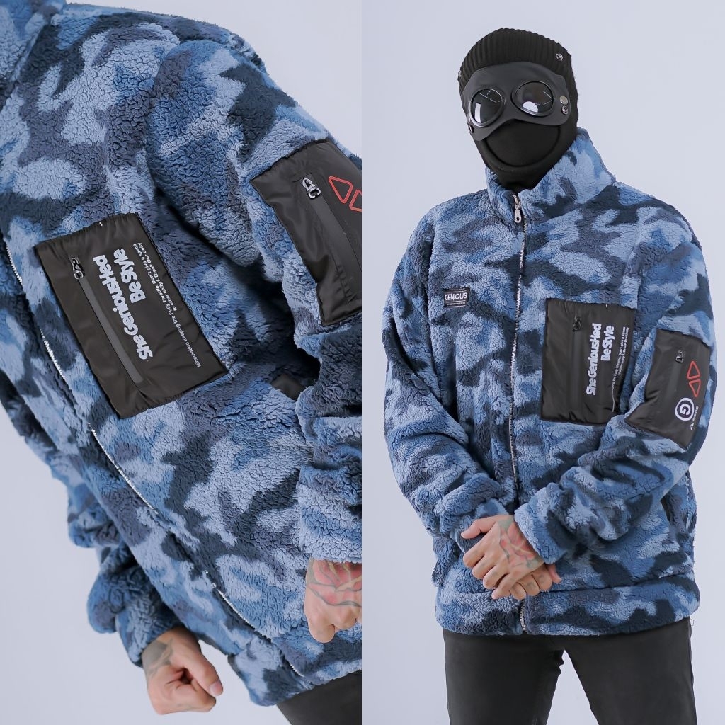 Jaket Sherpa Bulu Camo Genious Outdoor Tebal Loreng Biru