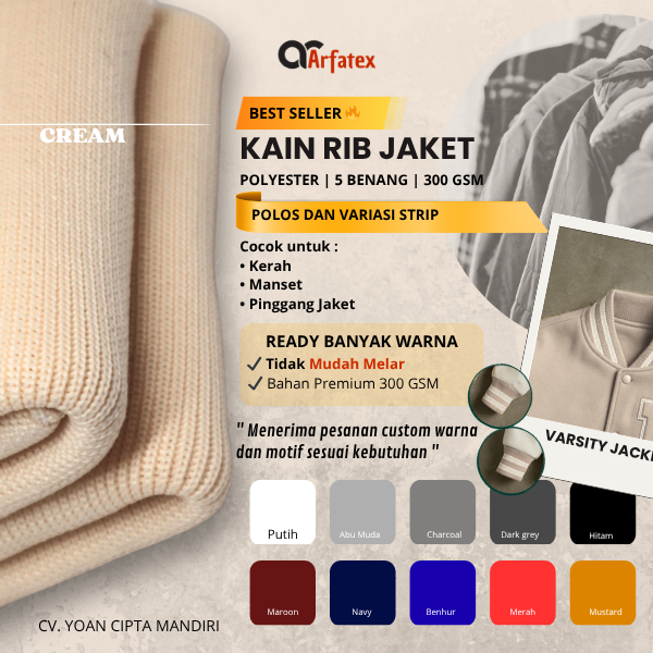 Kain rib bur untuk jaket polyester cream muda jaket bomber varsity rajut halus premium