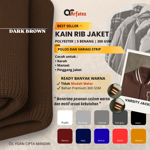 Kain rib bur polyester untuk jeket premium coklat tua polos strip dan rajut babat aksesoris fashion