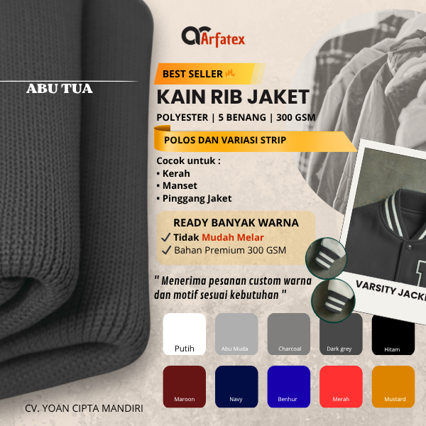 Kain rib bur abu tua polyester premium untuk jaket varsity colorfull bisa custom