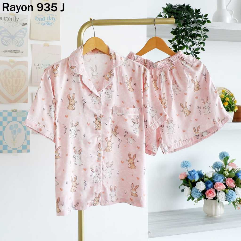 Piyama Baju Tidur Wanita Model Kemeja Celana Pendek Motif Kelinci Love - GOODNITES J935 Pink