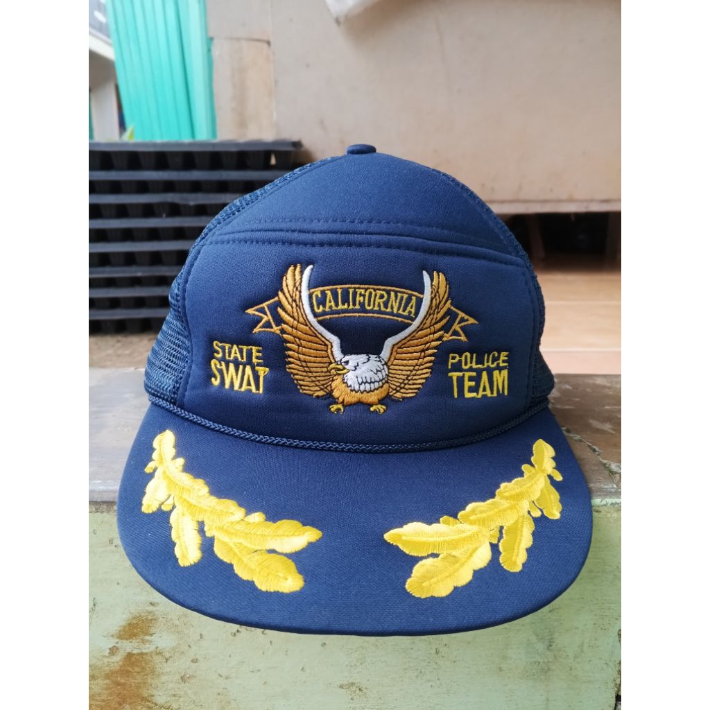 Topi Vintage 90s US Police Cap Navy Trucker Hat Bordir Depan Mulus Rare