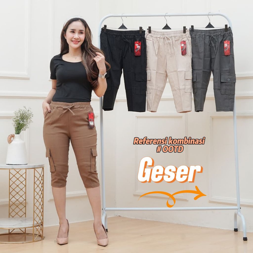 TwentyoneOutfit21 - Celana pendek cargo wanita 7/8 Elizabeth Otomen - bahan soft jeans impor elastis