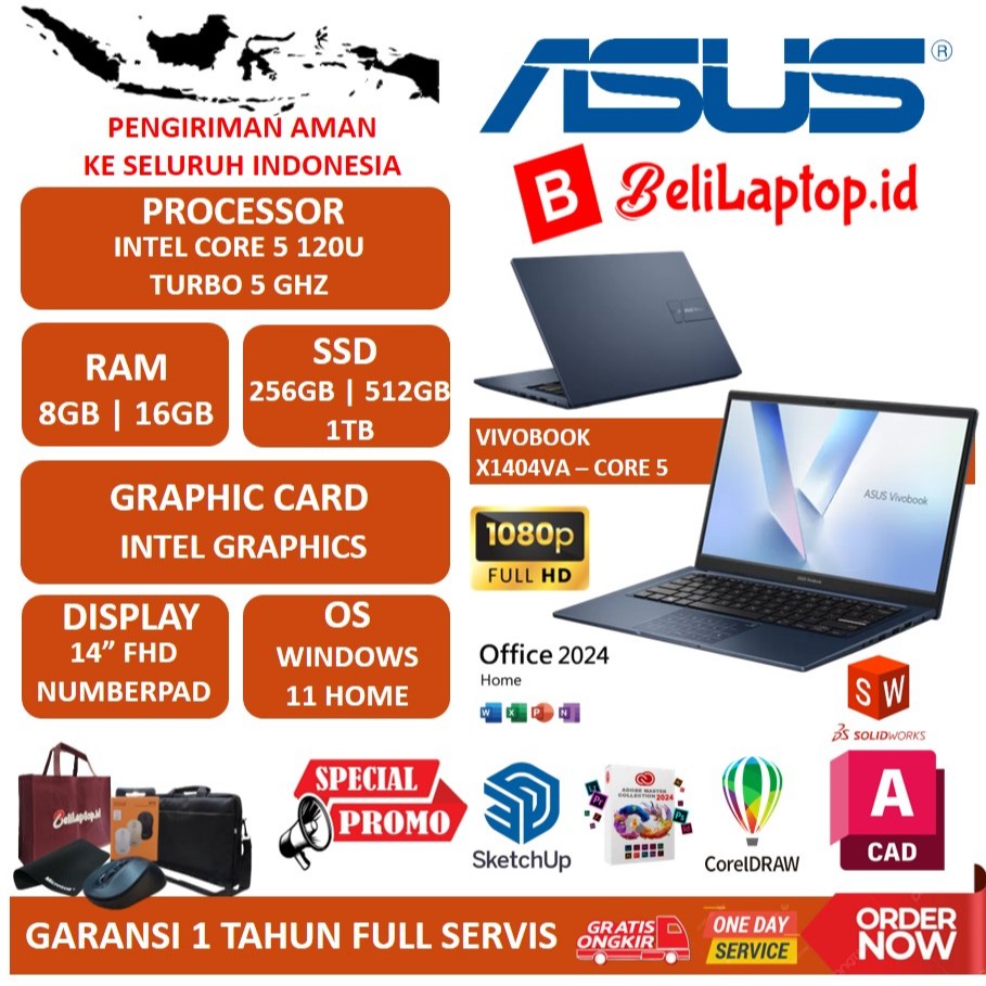 LAPTOP ASUS VivoBook 14 X1404VA Laptop Baru Intel i5 120U 8GB 256GB 512gb ssd FHD Win11 Quiet Blue