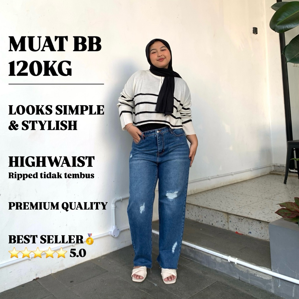 Lala Ripped Boyfriend || HIGHWAIST || JEANS JUMBO || JEANS BIGSIZE || CELANA JEANS JUMBO WANITA || J