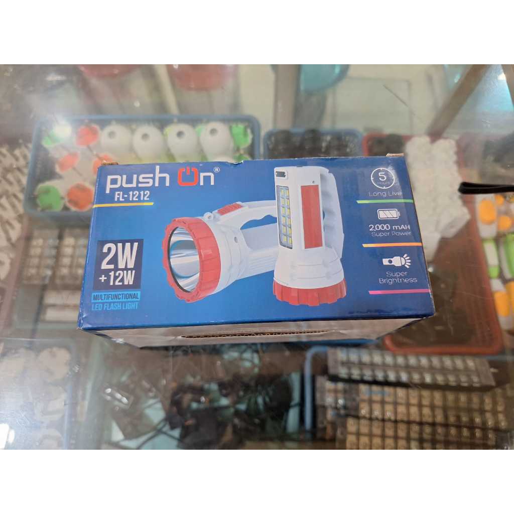 Senter LED Rechargeable Push On FL-1212 2W + 12W Super Terang – Senter Cas Multifungsi Lampu Emergen
