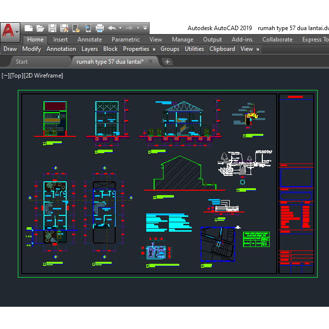 gambar Rumah 2 Lantai Type 57 format dwg