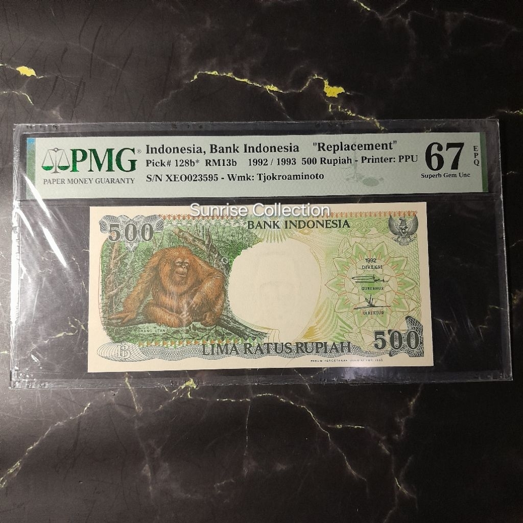Uang Kuno Indonesia PMG 67 EPQ 500 Rupiah Orang Utan Seri X Replacement