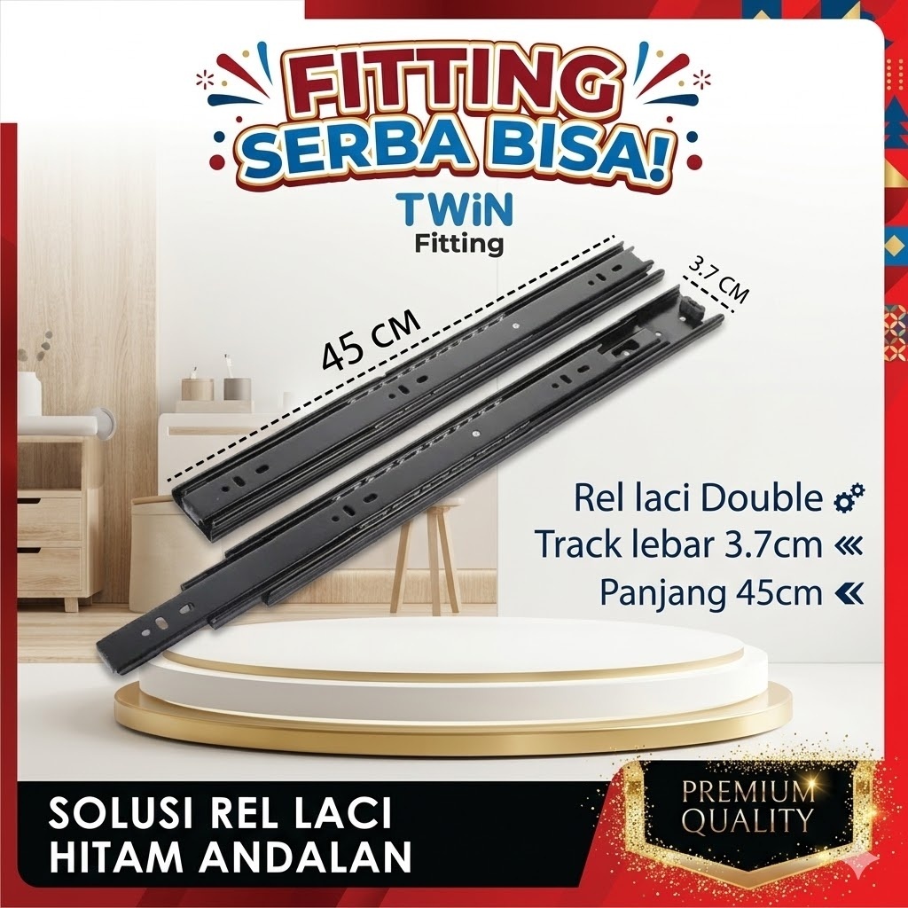 TWIN Rel Laci Double Track 45cm Ball Bearing Full Extension - Rel Teleskopik Lemari Kabinet Premium
