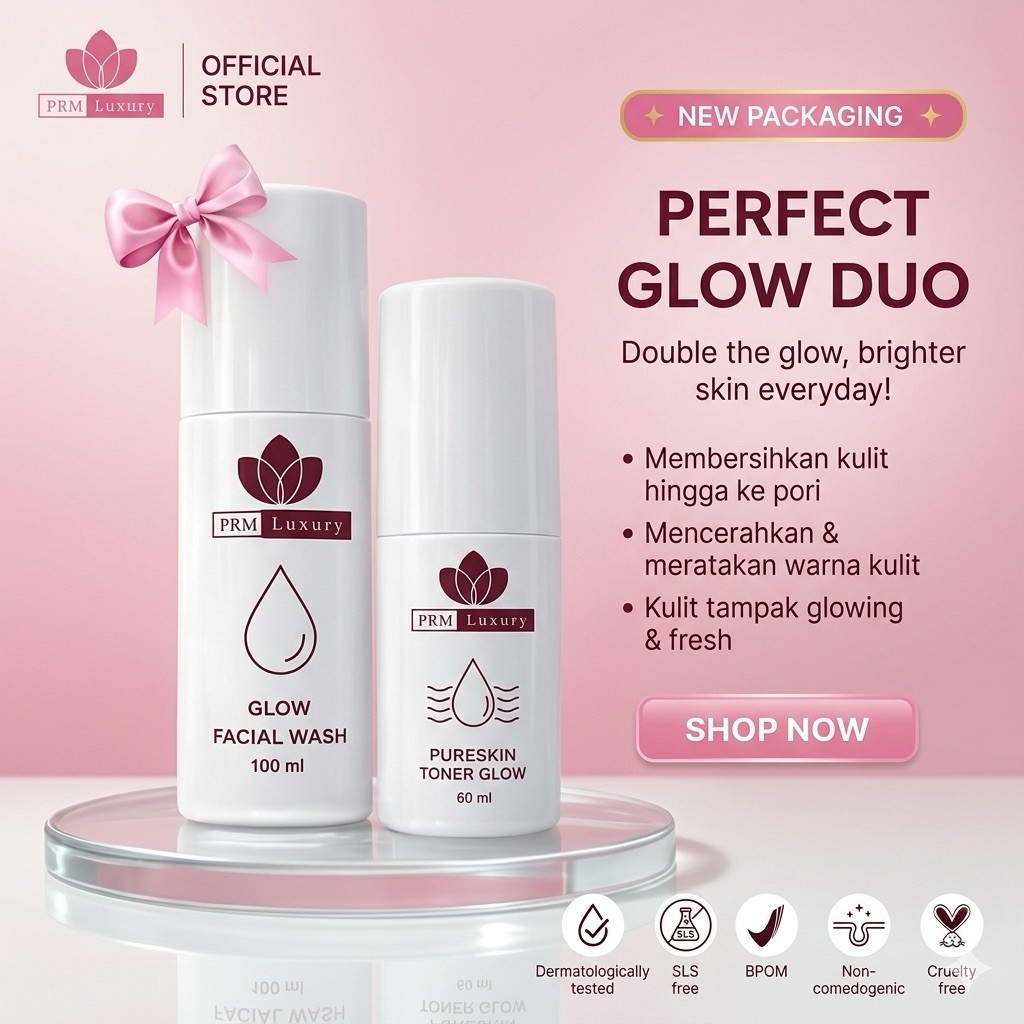 PRM Luxury Cleanser Set – Acne, Glow & Hydra Calm | Duo Bundling Facial Wash + Toner Original BPOM