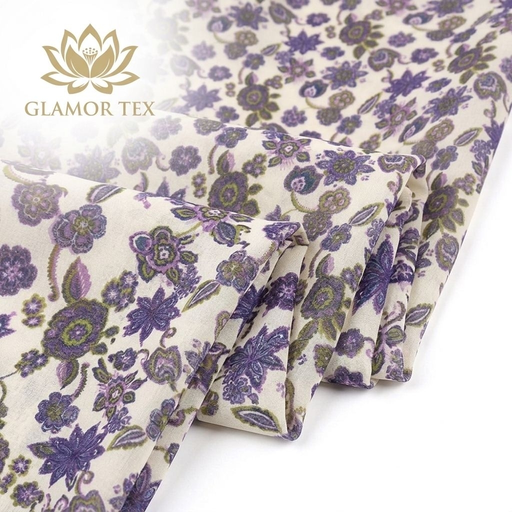 Kain Sifon Sutra Motif Bunga Mini Ungu – Sifon Sutra Premium Lembut Flowing Kyt