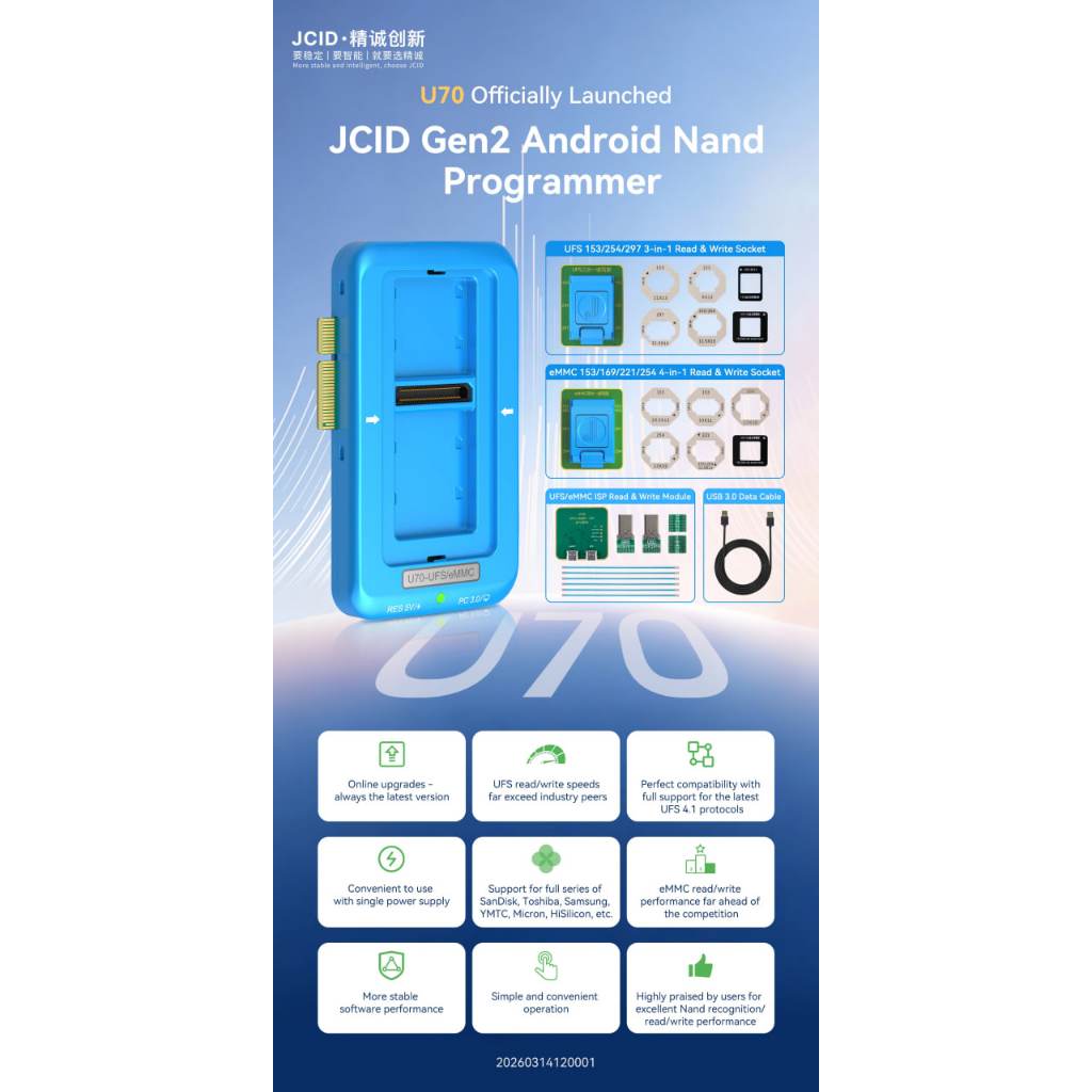 JC JCID U70 UFS Android Nand Programmer for Android Phones Nand Flash Repair UFS 153/254/297 EMMC 15