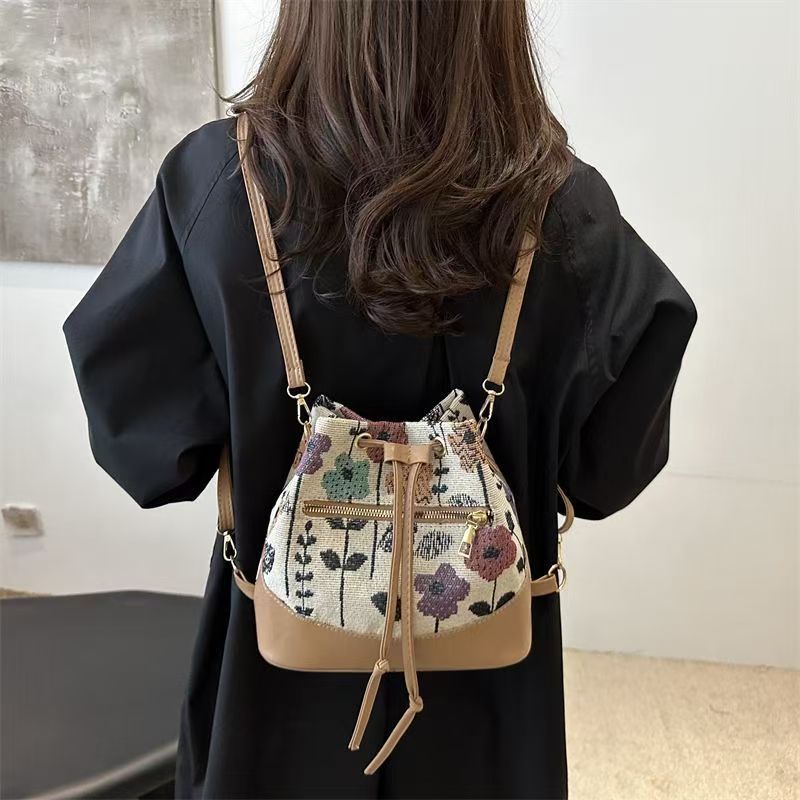 Tas Serut Kanvas Wanita Bunga Gaya Etnis Bahu Crossbody Bucket Bag
